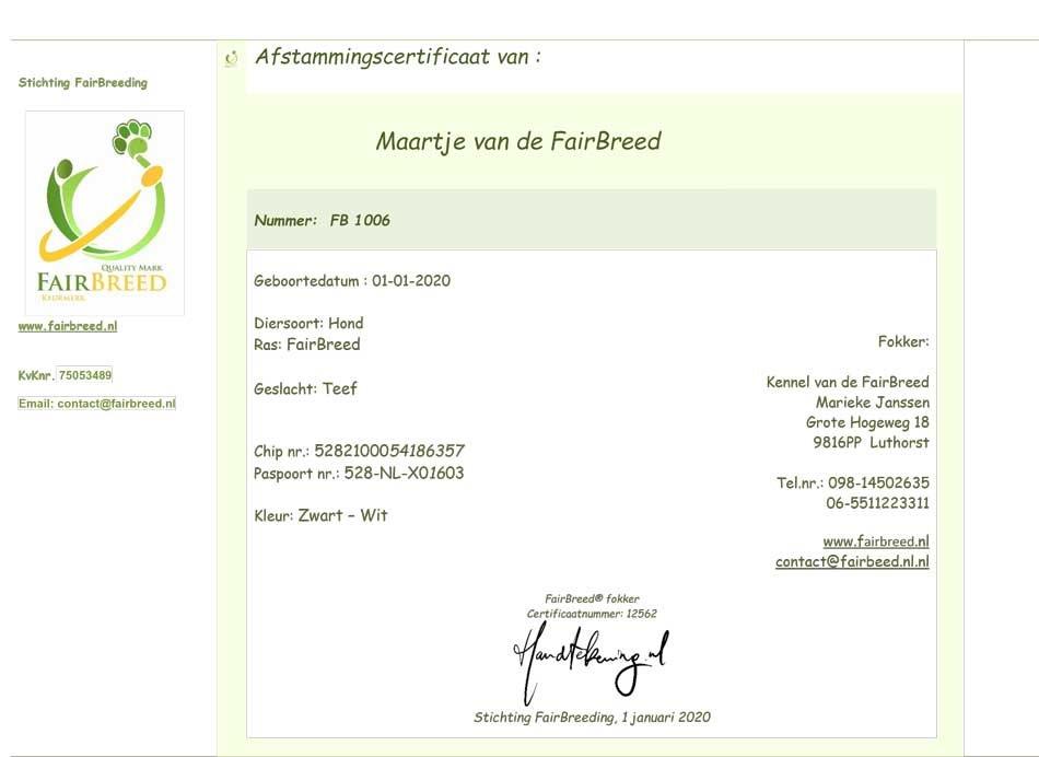 Afstammingscertificaat FairBreed® voorpagina